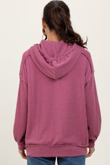 Mauve Ribbed Front Pocket Drawstring Hoodie