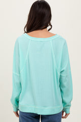 Mint Oversized V-Neck Waffle Knit Long Sleeve Top