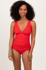 Red Scallop Trim One Piece Swimsuit