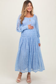 Periwinkle Lace Smocked Bubble Sleeve Maternity Maxi Dress