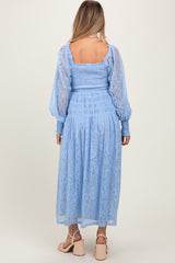 Periwinkle Lace Smocked Bubble Sleeve Maternity Maxi Dress