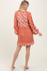 Rust Mixed Floral Tie Front Ruffle Accent Dress