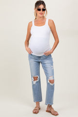 Light Blue Distressed Cutout Maternity Straight Leg Ankle Jeans