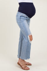 Light Blue Distressed Cutout Maternity Straight Leg Ankle Jeans