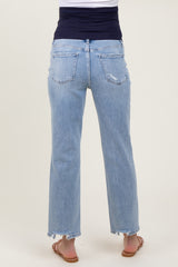 Light Blue Distressed Cutout Maternity Straight Leg Ankle Jeans