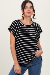 Black Stripe Ribbed Short Sleeve Tunic Top