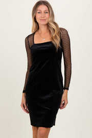 Black Velvet Embroidered Mesh Sleeve Dress