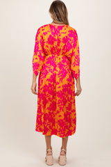 Orange Floral Satin Pleated V-Neck Maxi Dress