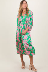 Green Floral Satin Pleated V-Neck Maxi Dress