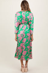 Green Floral Satin Pleated V-Neck Maxi Dress