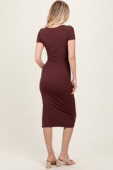 Burgundy Ribbed Short Sleeve Side Slit Midi Dress