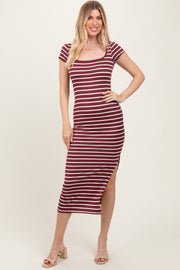 Burgundy Striped Short Sleeve Side Slit Maxi Dress