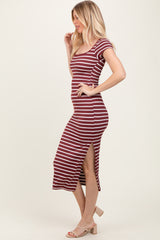 Burgundy Striped Short Sleeve Side Slit Maxi Dress