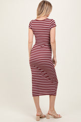 Burgundy Striped Short Sleeve Side Slit Maxi Dress