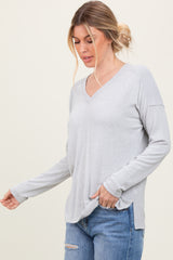 Heather Grey Basic V-Neck Long Sleeve Brushed Knit Top