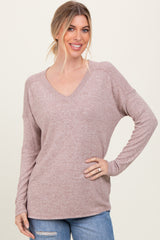 Beige Basic V-Neck Long Sleeve Brushed Knit Top