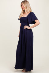 Navy Chambray Smocked Maxi Dress