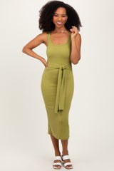 Lime Ribbed Front Tie Sleeveless Midi Dress