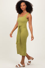 Lime Ribbed Front Tie Sleeveless Midi Dress