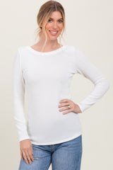 Ivory Ribbed Scoop Neck Long Sleeve Top