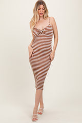 Mocha Striped Knit Twist Front Midi Dress