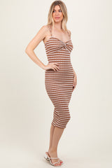 Mocha Striped Knit Twist Front Midi Dress