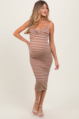 Mocha Striped Knit Twist Front Maternity Midi Dress