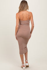 Mocha Striped Knit Twist Front Maternity Midi Dress