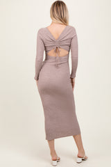 Taupe Ribbed Cinched Back Cutout Midi Dress