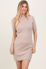 Beige Knit Short Sleeve Mini Maternity Dress