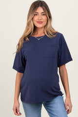 Navy Oversized Pocket Front Short Sleeve Maternity Top