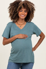 Light Olive Oversized V-Neck Short Sleeve Maternity Tee