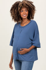 Blue Ribbed Boxy Fit Short Sleeve Maternity Top