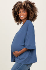 Blue Ribbed Boxy Fit Short Sleeve Maternity Top