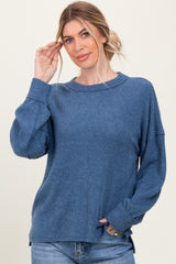 Blue Brushed Ribbed Knit Pullover