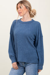 Blue Brushed Ribbed Knit Maternity Pullover