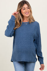 Blue Brushed Ribbed Knit Maternity Pullover