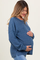 Blue Brushed Ribbed Knit Maternity Pullover