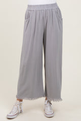 Grey Linen Frayed Hem Crop Pants