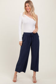 Navy Striped Drawstring Linen Blend Wide Leg Pants