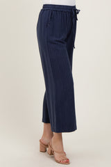 Navy Striped Drawstring Linen Blend Wide Leg Pants