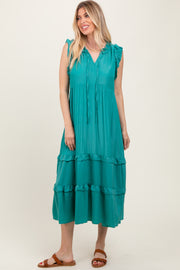 Green Ruffle Accent Tiered Front Tie Midi Dress