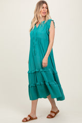 Green Ruffle Accent Tiered Front Tie Midi Dress