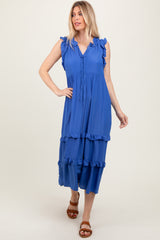 Blue Ruffle Accent Tiered Front Tie Midi Dress