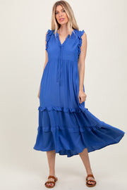 Blue Ruffle Accent Tiered Front Tie Midi Dress