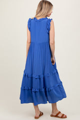 Blue Ruffle Accent Tiered Front Tie Midi Dress