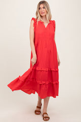 Red Ruffle Accent Tiered Front Tie Midi Dress