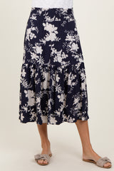 Navy Floral Smocked Waist Midi Skirt