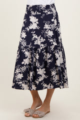 Navy Floral Smocked Waist Midi Skirt