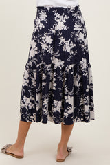 Navy Floral Smocked Waist Midi Skirt